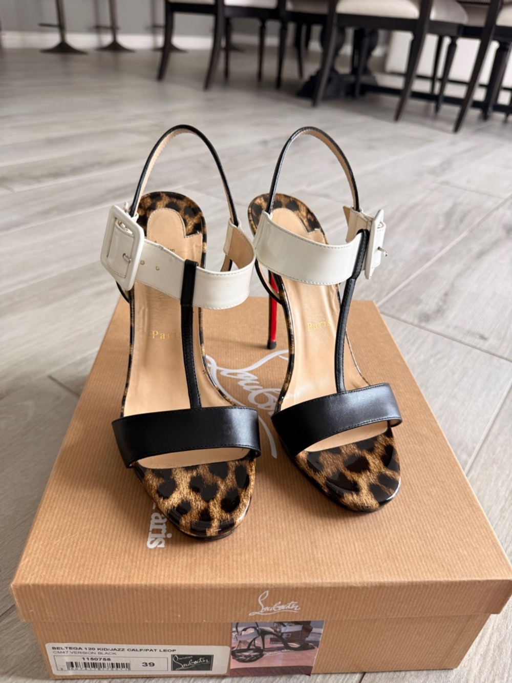 Christian Louboutin Leopard Print Stiletto Sandals with Black and Cream Straps - Picture 2 of 13
